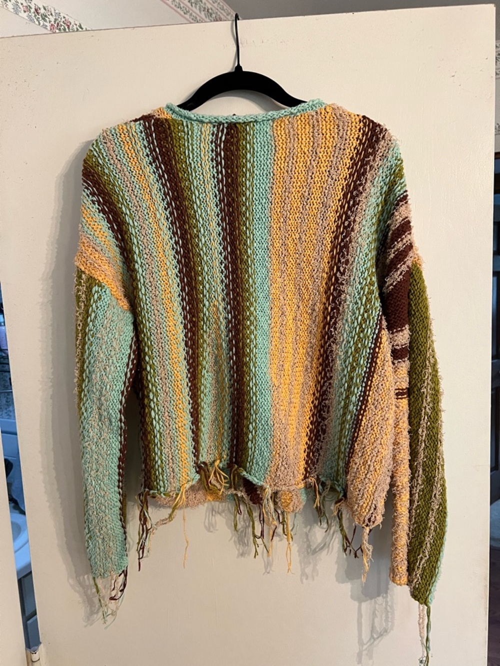 Free People Striped Hand-Knit Cropped Cardigan in Mint, Mustard & Brown - Picture 4 of 6
